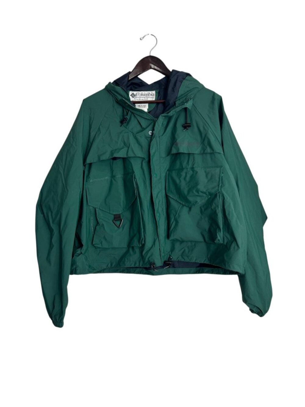 Columbia Hooded Fly Fishing Jacket Mens Size Large Green Wading Pockets READ